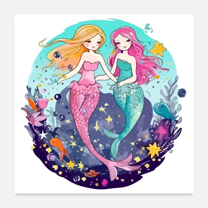Miki et mina les sirènes - Poster 60 x 60 cm - blanc