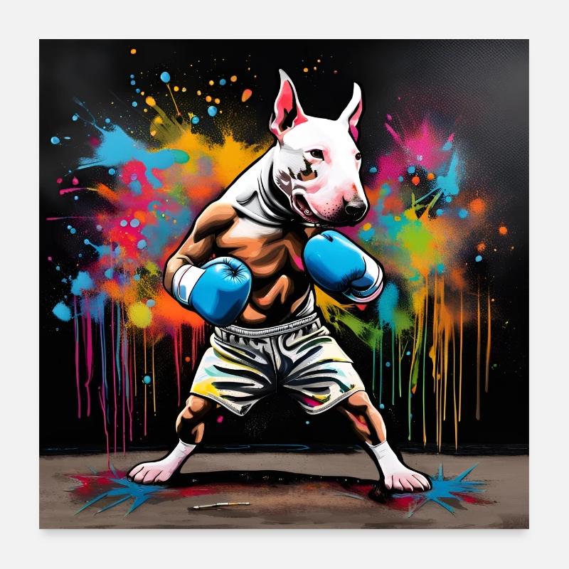 Englischer Bullterrier Boxer in Boxhaltung - Poster 60x60 cm - Weiß