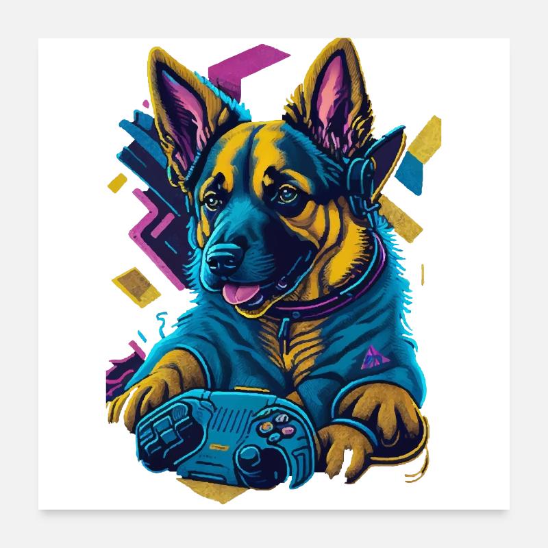 Deutscher Schäferhundwelpe spielt mit Gamecontroll Poster 60x60 cm
