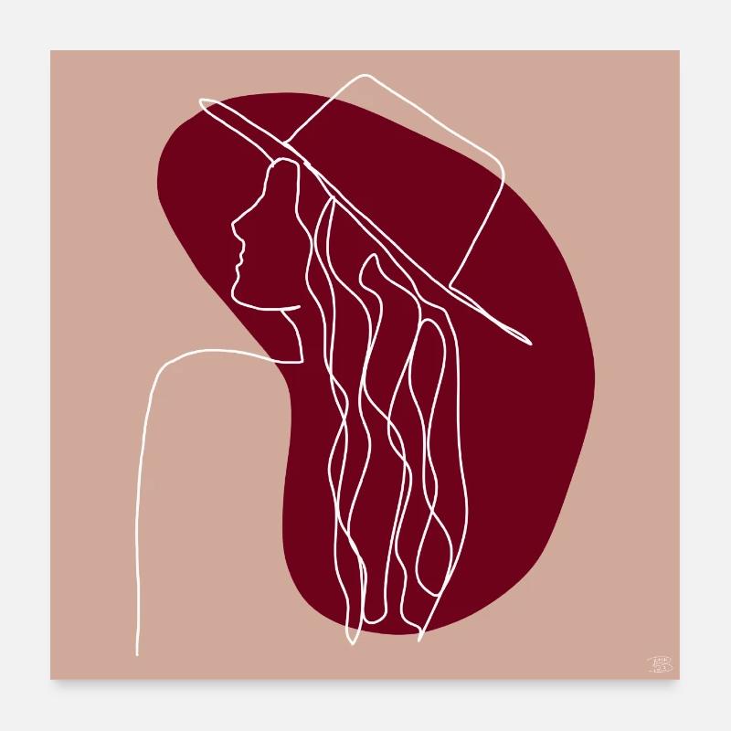 "Lady with Hat", Boho Line Art Design, "Faces" Poster 24" x 24" (60x60 cm)