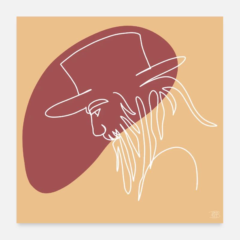 "Man with Hat", Boho Line Art Design, "Faces" Poster 24" x 24" (60x60 cm)