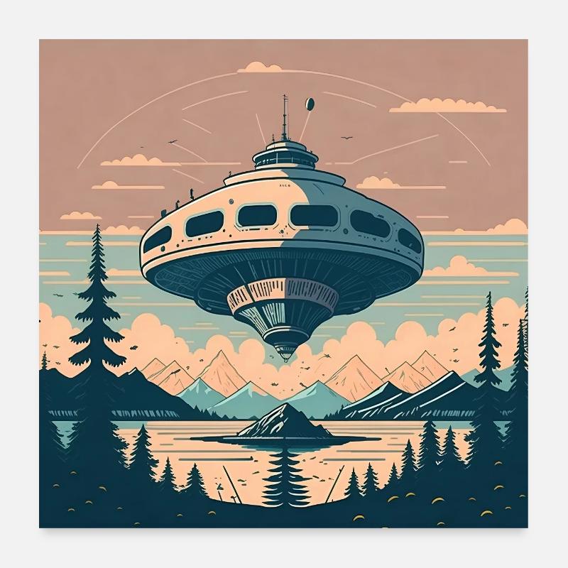 UFO fliegt über einen See Poster 60x60 cm