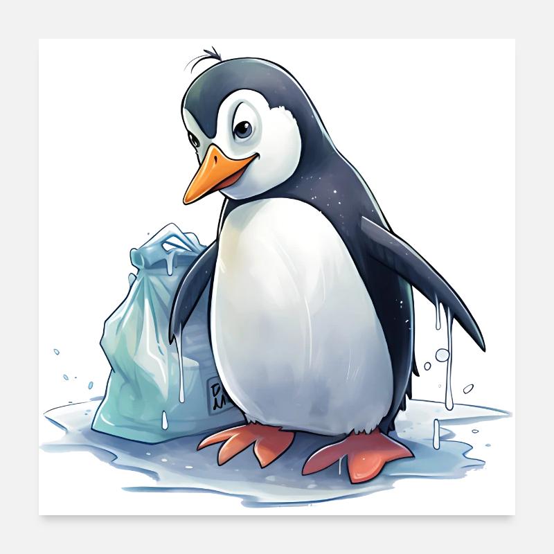 Pinguin beim Müllsammeln Poster 60x60 cm