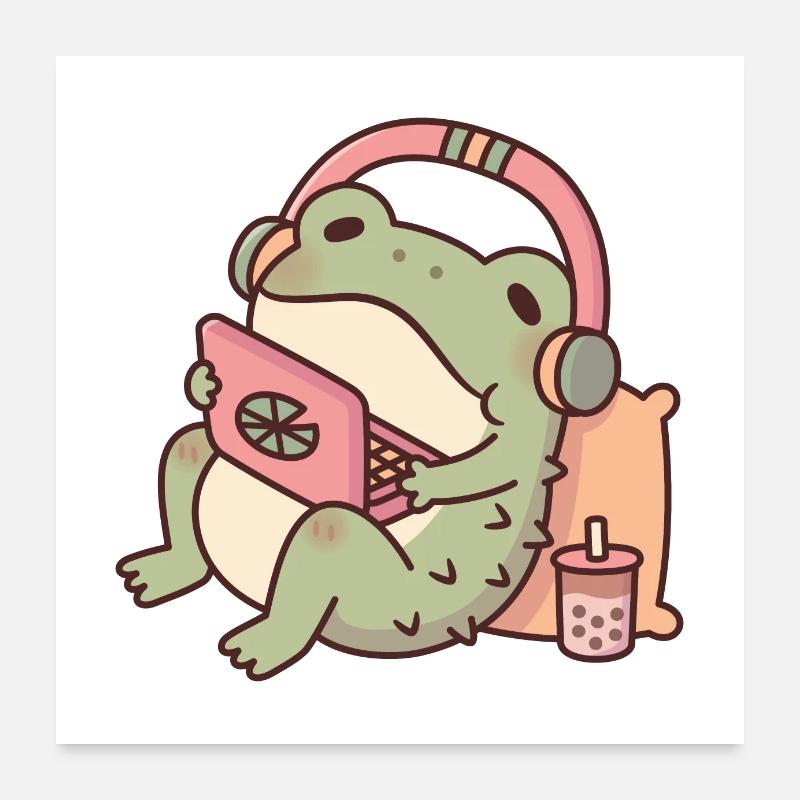 Cute Toad Chilling With Laptop and Boba Tea Poster 24" x 24" (60x60 cm)