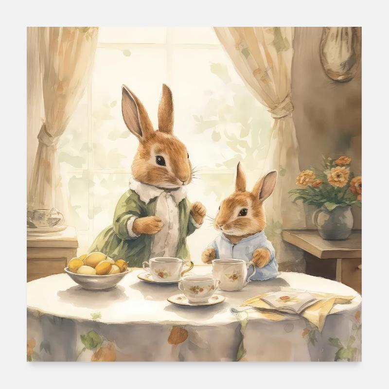 Hasen am Esstisch - Poster 60x60 cm - Weiß