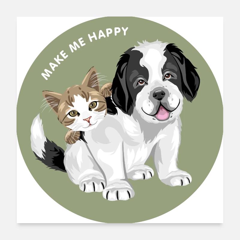 Chien chiot Saint Bernard et chat mignon Poster 60 x 60 cm