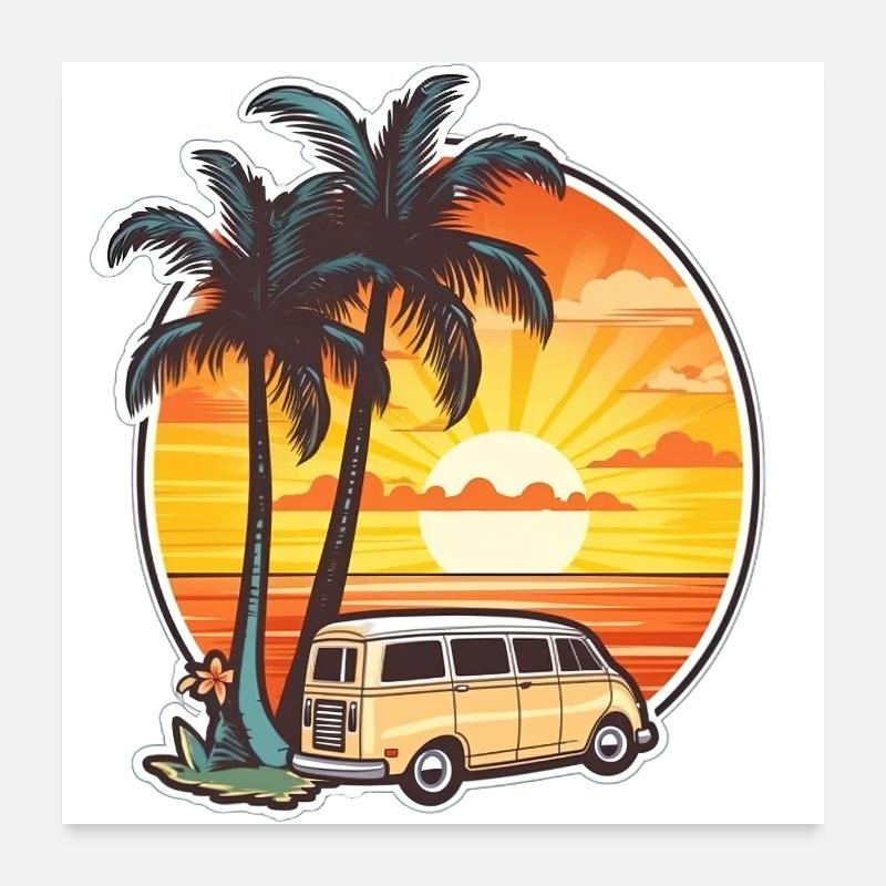 Van sur plage de cocotier mer océan - Poster 60 x 60 cm - blanc