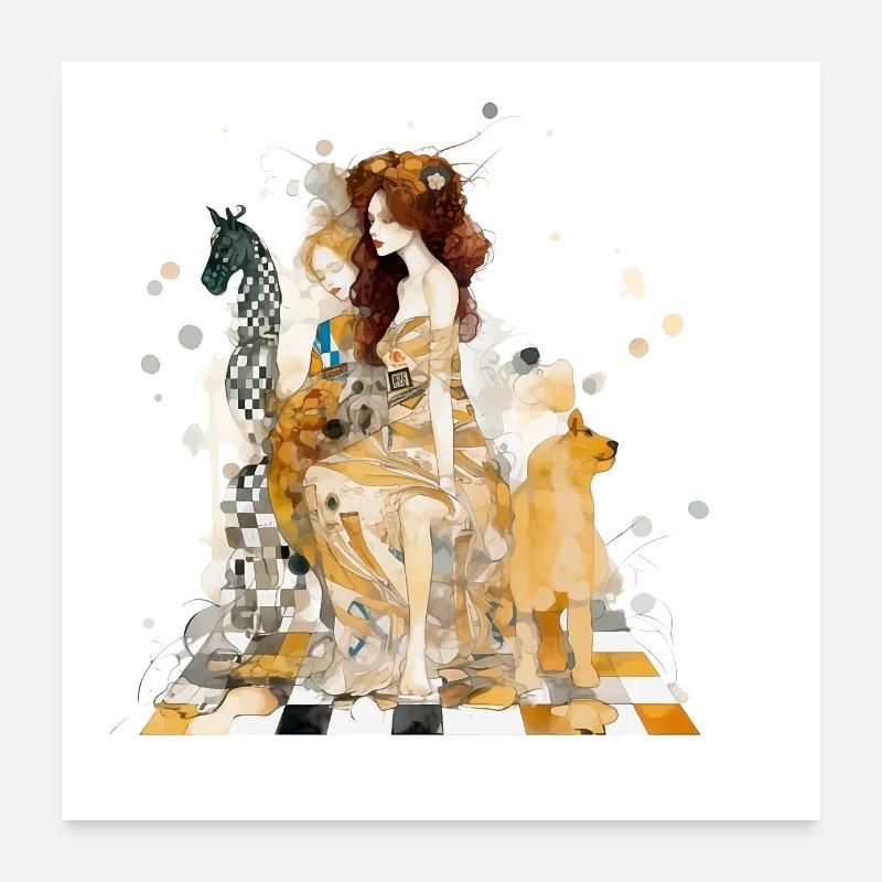 Femme et girafe échiquéenne Poster 60 x 60 cm