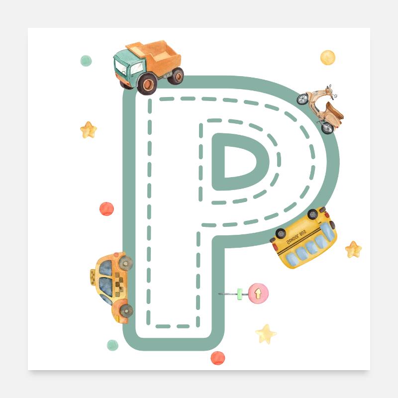 Buchstabe p Fahrzeug - personalisiertes Kindergeschenk Poster 60x60 cm