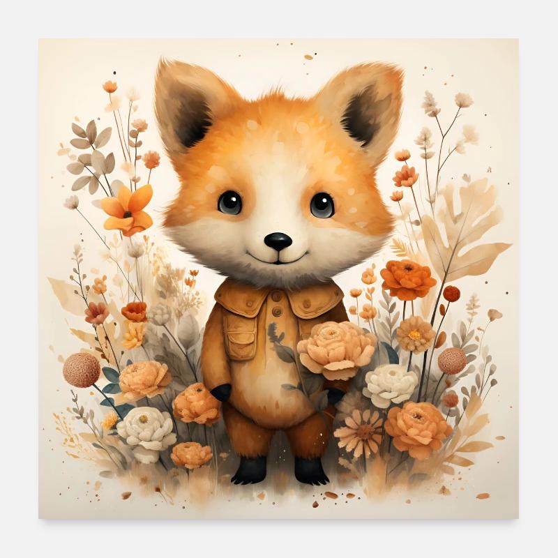 Renard avec des fleurs Poster 60 x 60 cm