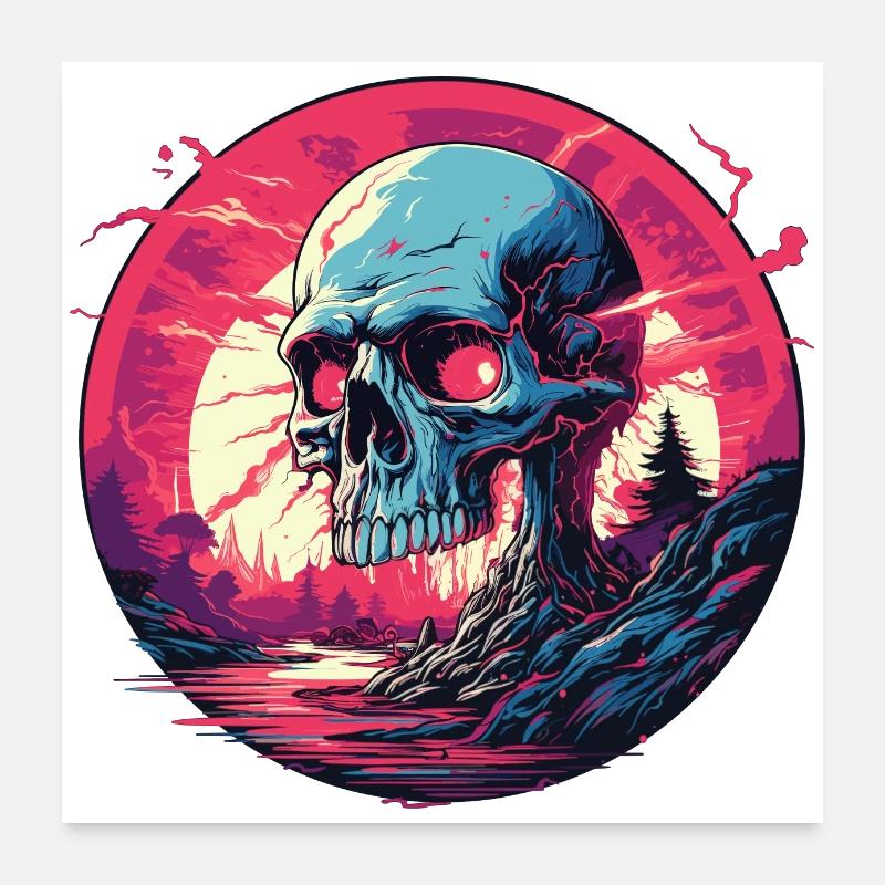 Surreal Retro Cyber Skull Synthwave Sunset - Poster 60x60 cm - Weiß