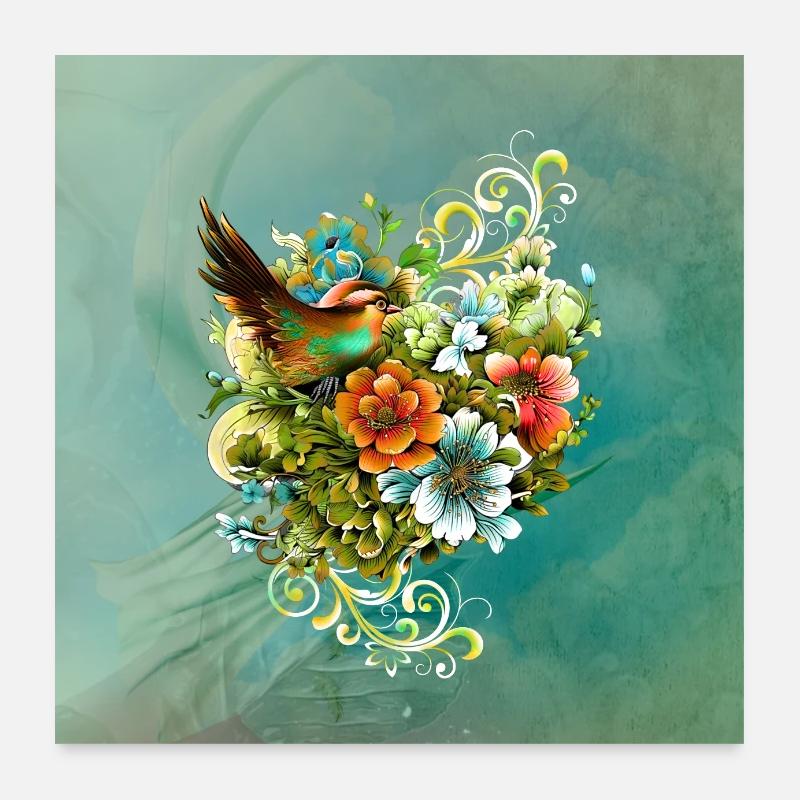 La beauté des oiseaux et des fleurs ensemble. Poster 60 x 60 cm