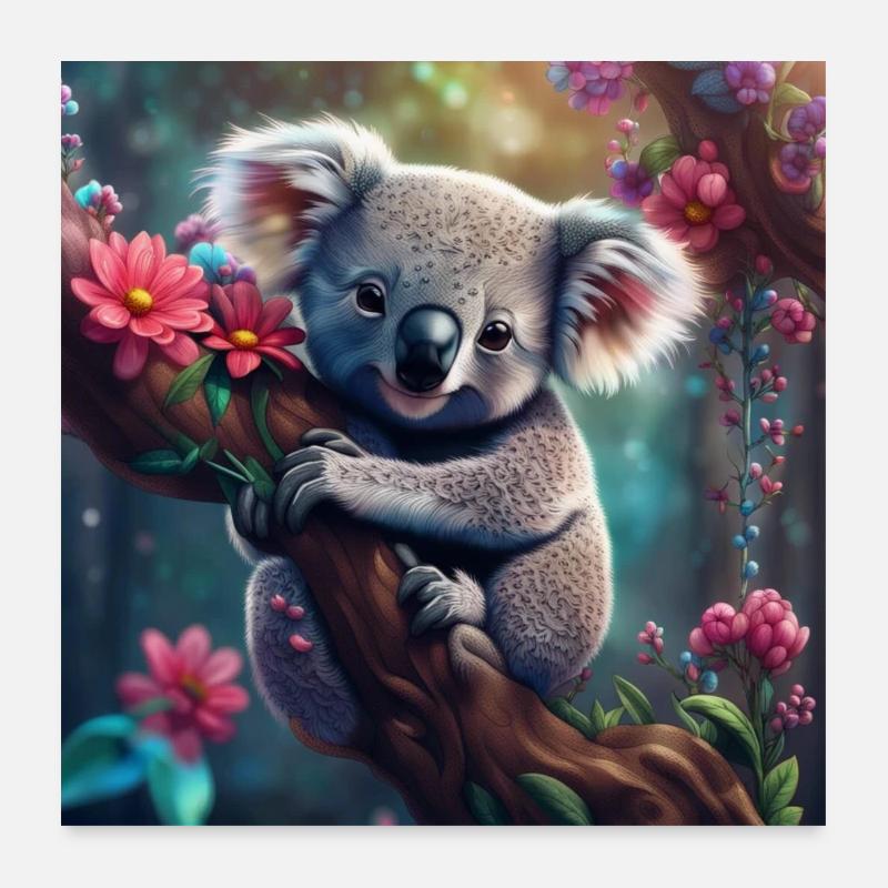Koalabär im Baum mit Blumen Poster 60x60 cm