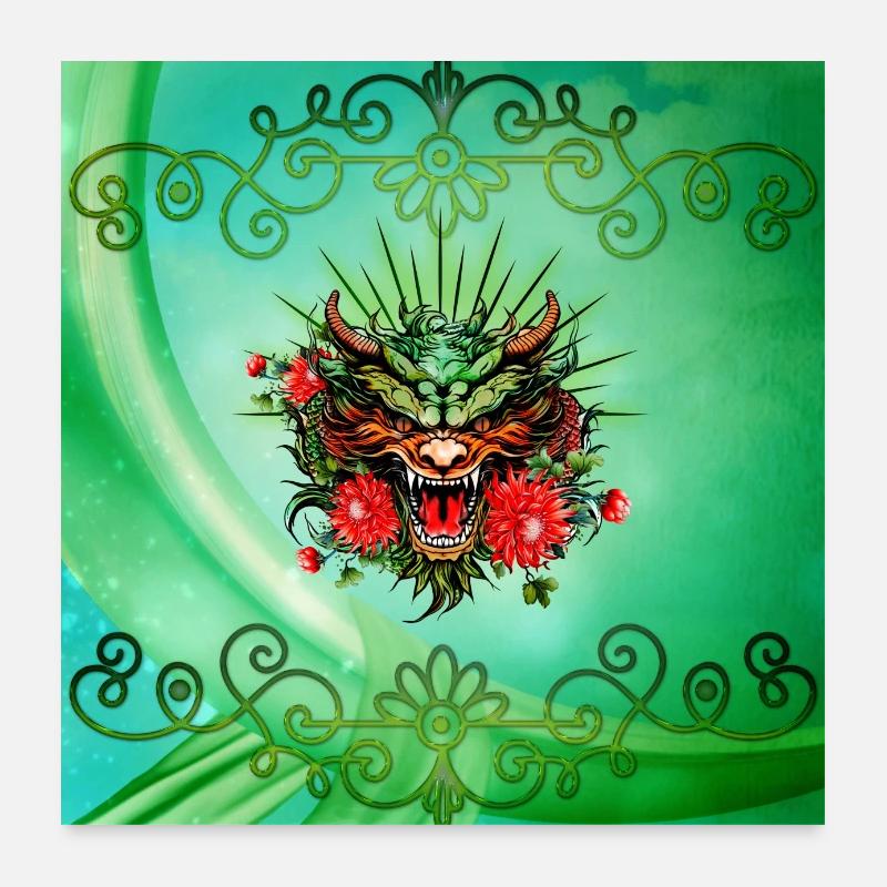 Merveilleuse tête de dragon colorée avec des fleurs. Poster 60 x 60 cm