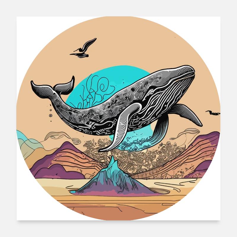 Psychedelische Wüste mit fliegendem Wal Poster 60x60 cm