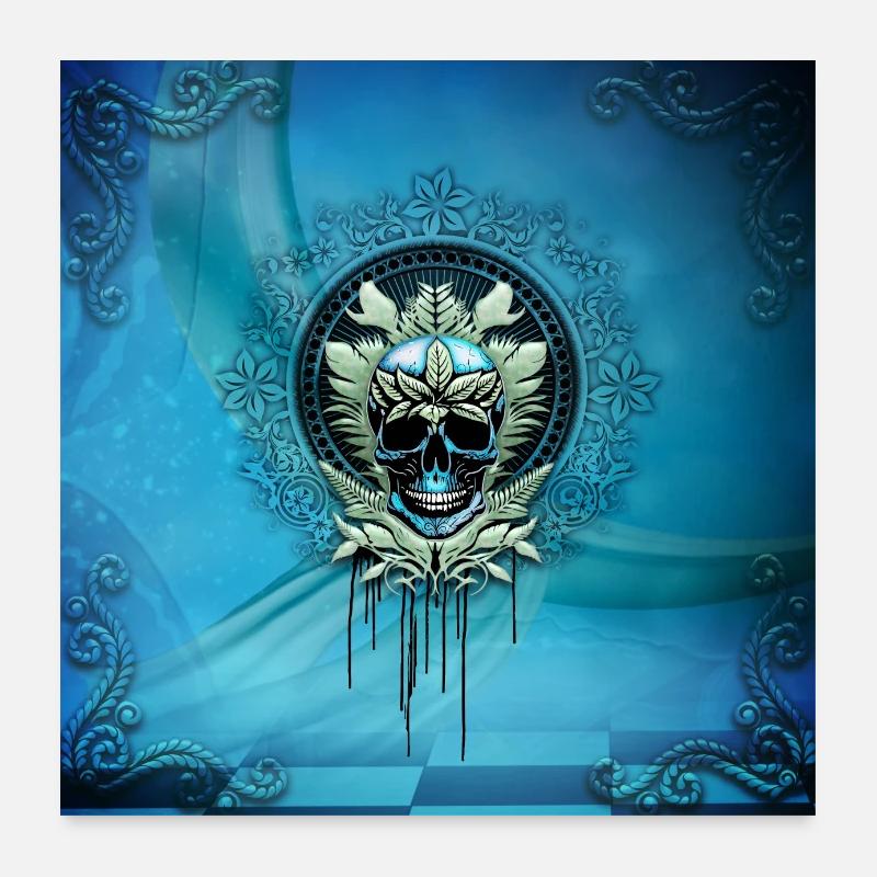 Élégant crâne décoratif bleu avec feuilles. Poster 60 x 60 cm