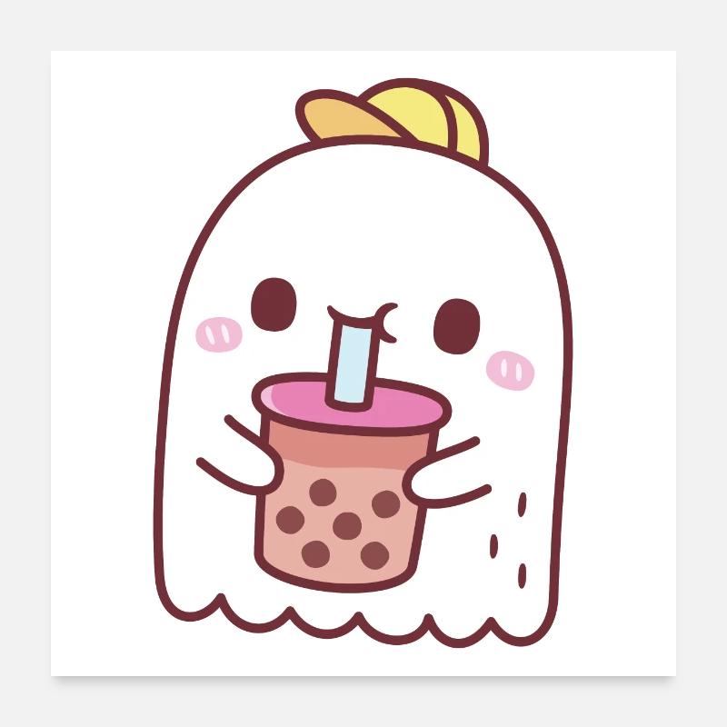 Cute Ghost Drinking Boba Tea Poster 24" x 24" (60x60 cm)
