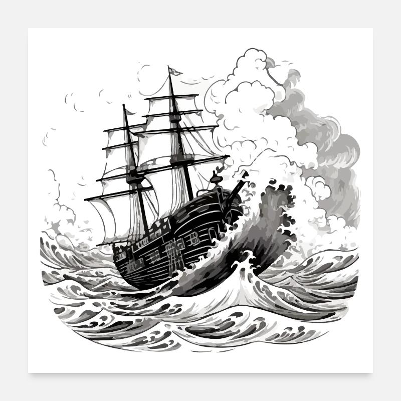 Bateau dans les vagues n°2 Poster 60 x 60 cm