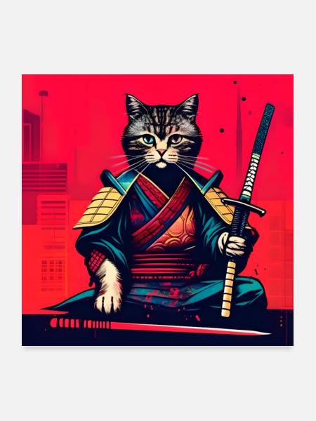 Samurai Katze - Poster 60x60 cm - Weiß
