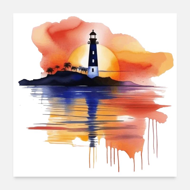 Ein Aquarell-Leuchtturm-Szene Poster 60x60 cm