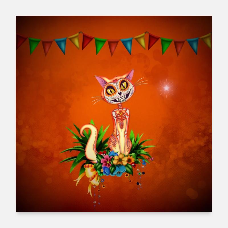 Mignon chat crâne de sucre avec des fleurs Poster 60 x 60 cm
