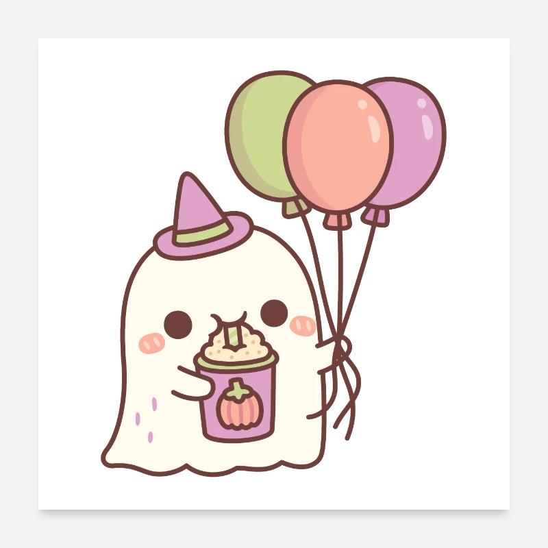 Geist mit Luftballons trinkt Pumpkin Spice Latte Poster 60x60 cm