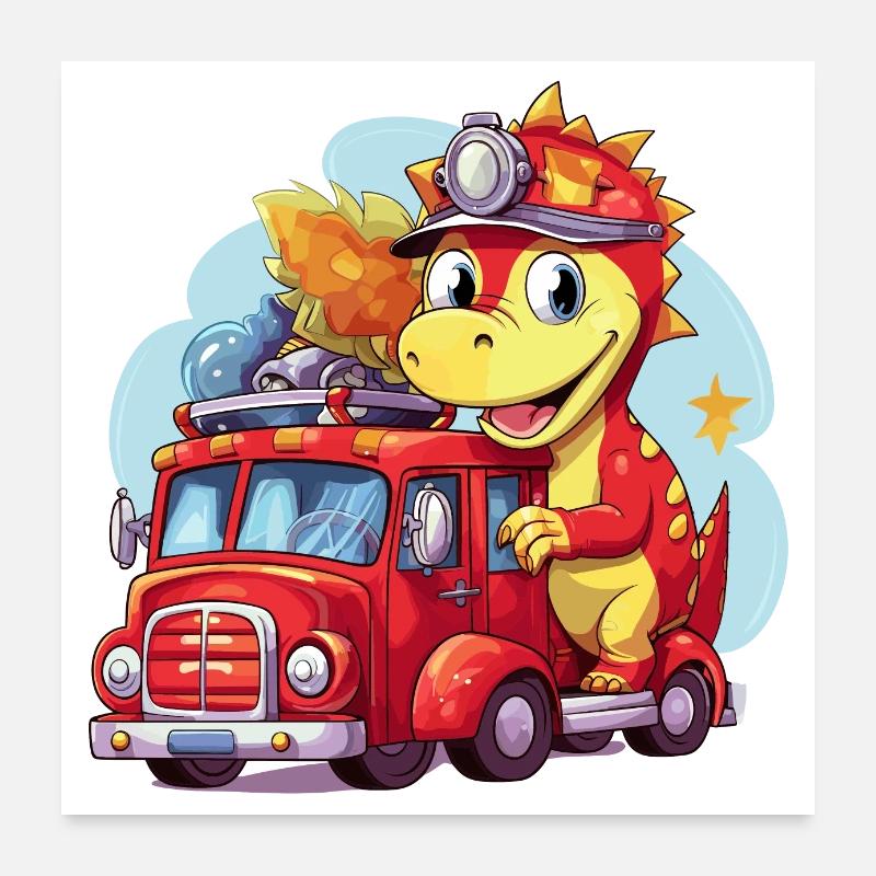 Dinosaurier Feuerwehr Abenteuer - Drache Poster 60x60 cm