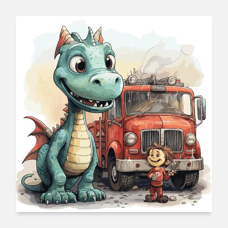 Dinosaur Fire Brigade Adventure - Dragon Poster 24" x 24" (60x60 cm)
