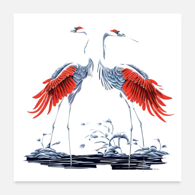 Zwei japanische Kraniche - Poster 60x60 cm - Weiß