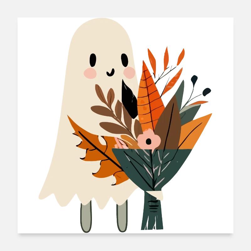 Fantôme avec bouquet de fleurs - Poster 60 x 60 cm - blanc