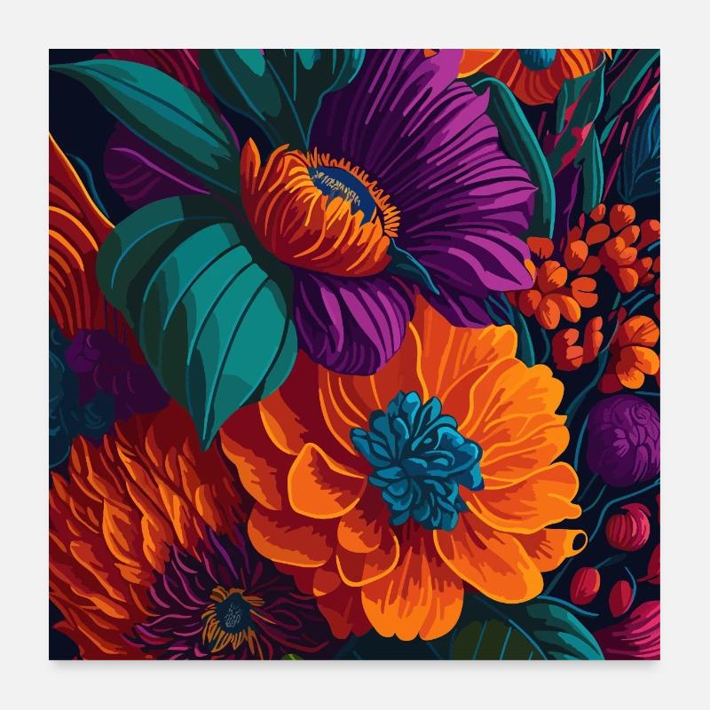 Lebendige bunte Blumenkunst - Poster 60x60 cm - Weiß
