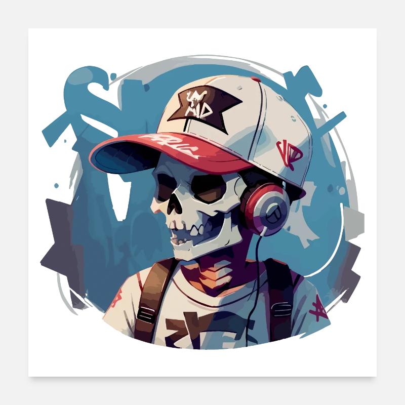 Crâne de graffiti avec écouteurs Poster 60 x 60 cm