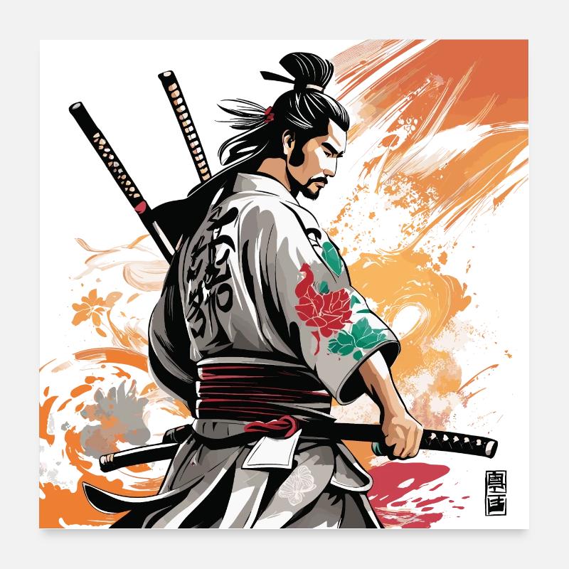 samurai with swords graphic - Poster 24" x 24" (60x60 cm) - white