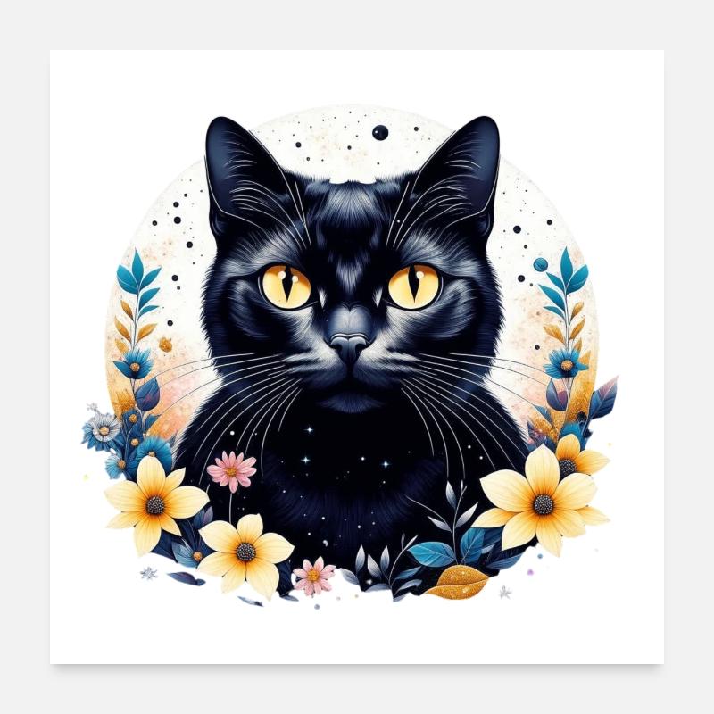 Chat avec des fleurs et des étoiles Poster 60 x 60 cm