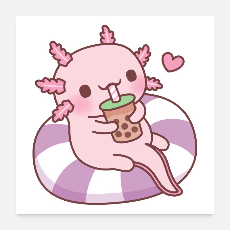 Cute Axolotl Chilling On Pool Float Drinking Boba Poster 24" x 24" (60x60 cm)