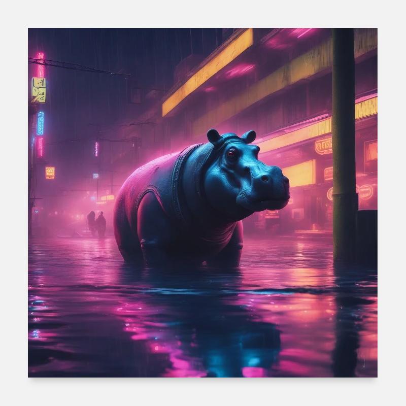 Cyberpunk Hippo / Bladerunner Style Poster 24" x 24" (60x60 cm)