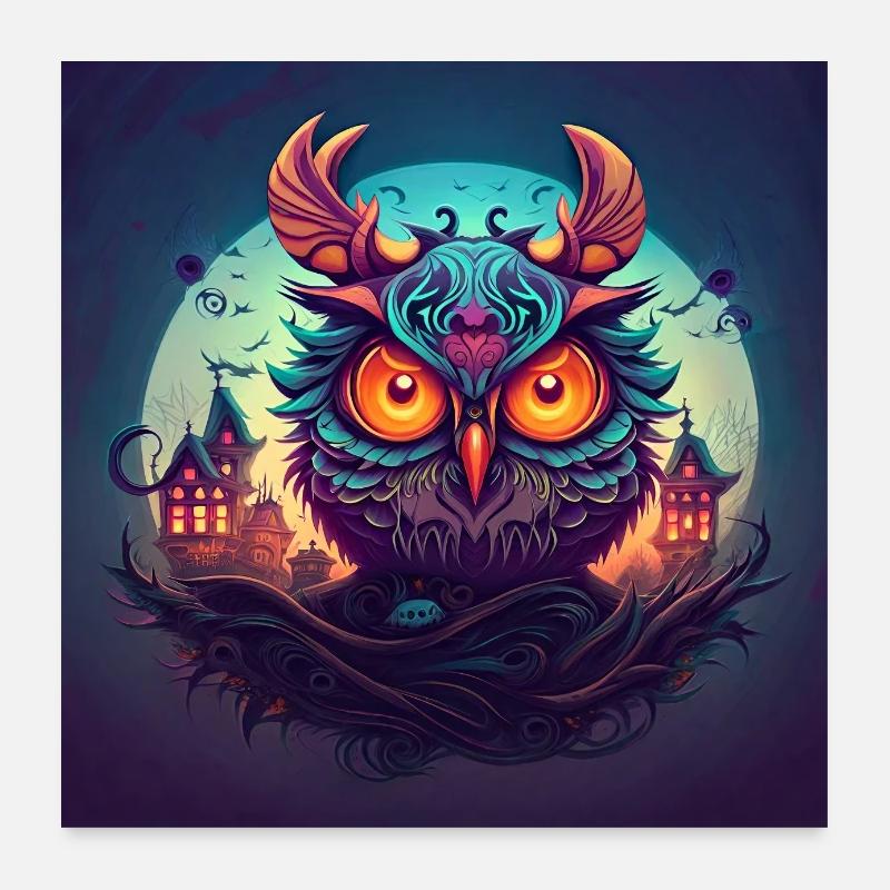 Halloween EULE -NEON EDITION (Handgezeichnet) Poster 60x60 cm