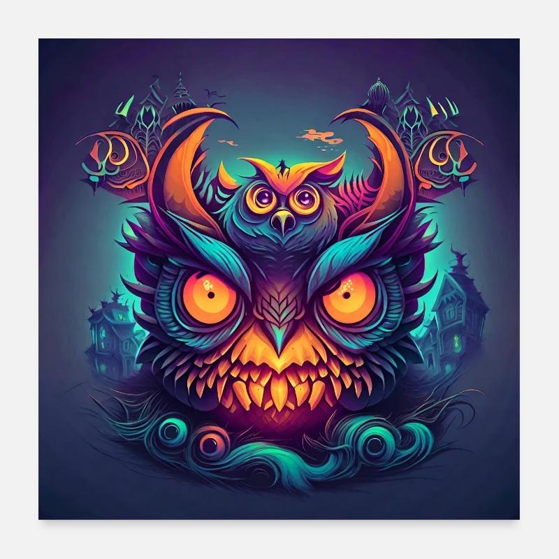 Halloween EULE -NEON EDITION (Handgezeichnet) Poster 60x60 cm