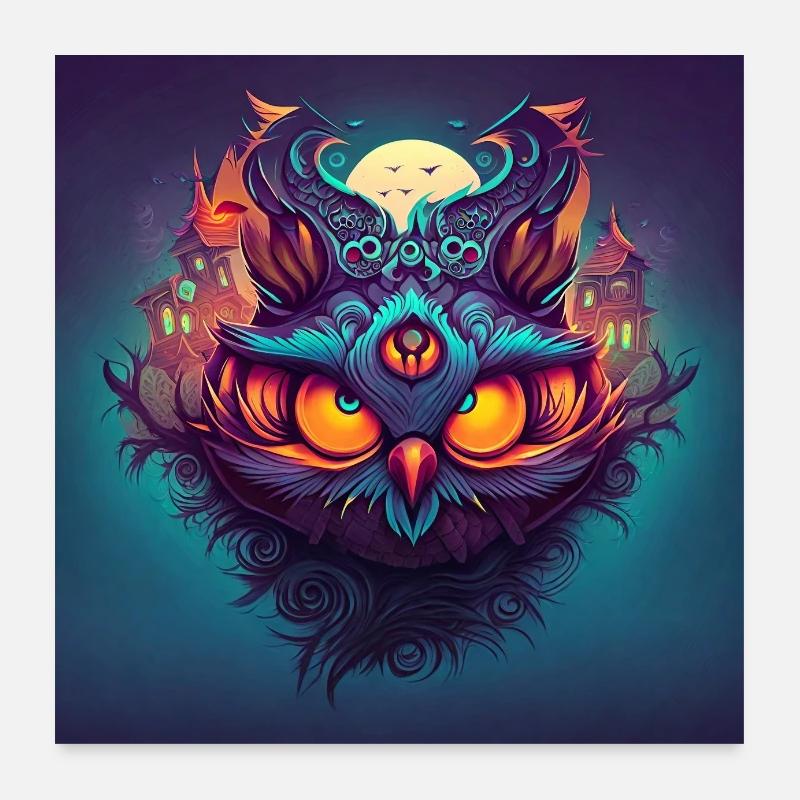 Halloween EULE -NEON EDITION (Handgezeichnet) Poster 60x60 cm
