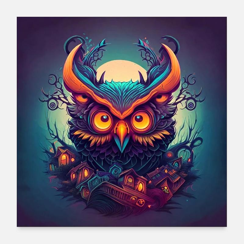 Halloween OWL NEON EDITION (Dessiné à la main) Poster 60 x 60 cm