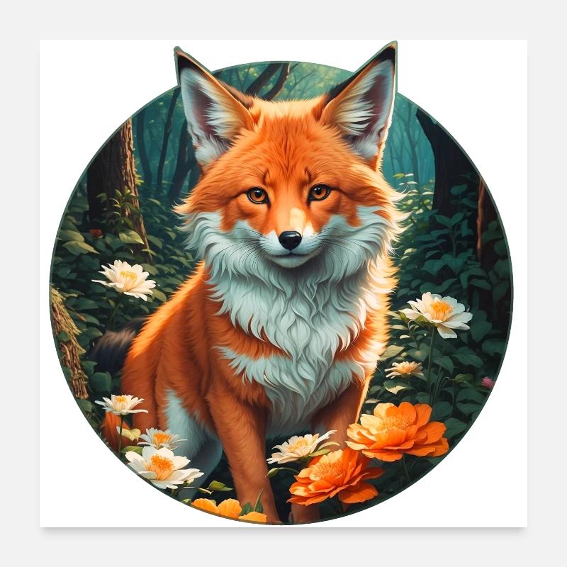 Fuchs im Blütenrausch Wald - Poster 60x60 cm - Weiß