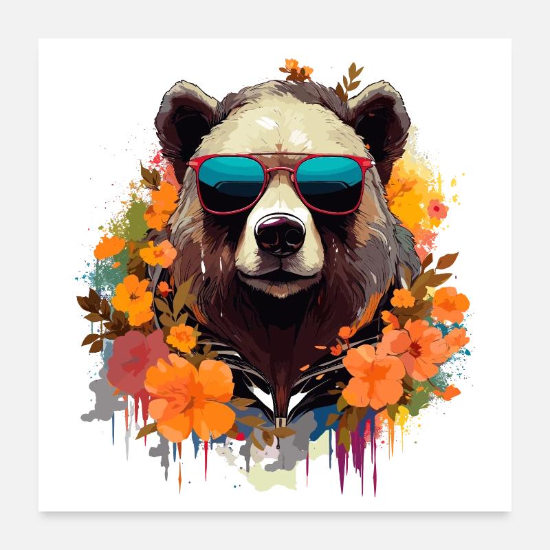ours coloré cool avec des lunettes de soleil et des fleurs Poster 60 x 60 cm