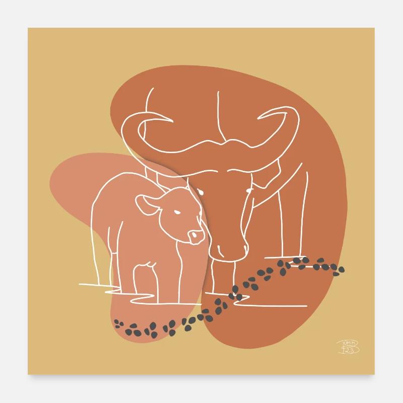 "Büffel", Boho Line Art Design, Serie „Big 5“ Poster 60x60 cm