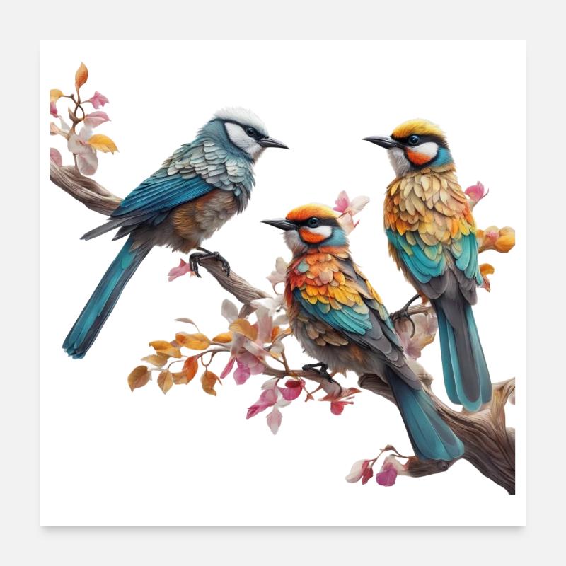 Vögel sitzen auf einem Ast - Poster 60x60 cm - Weiß