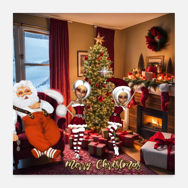 Weihnachtsmann und Elfen nach Feierabend. Poster 60x60 cm