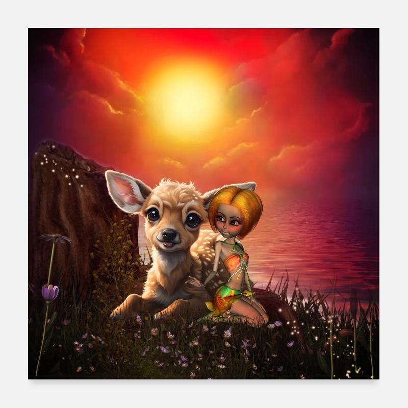 La petite fée et le faon mignon. Poster 60 x 60 cm