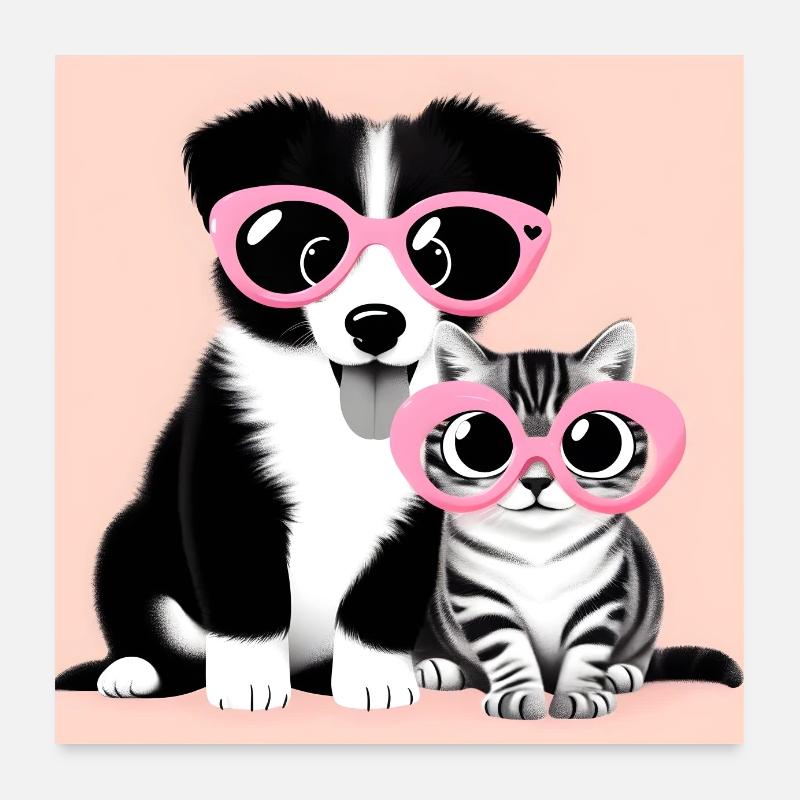 chat et chien dans des lunettes roses Poster 60 x 60 cm