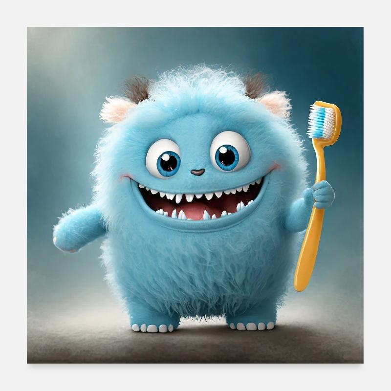 mignon petit monstre moelleux brosse à dents brosse à dents dents Poster 60 x 60 cm