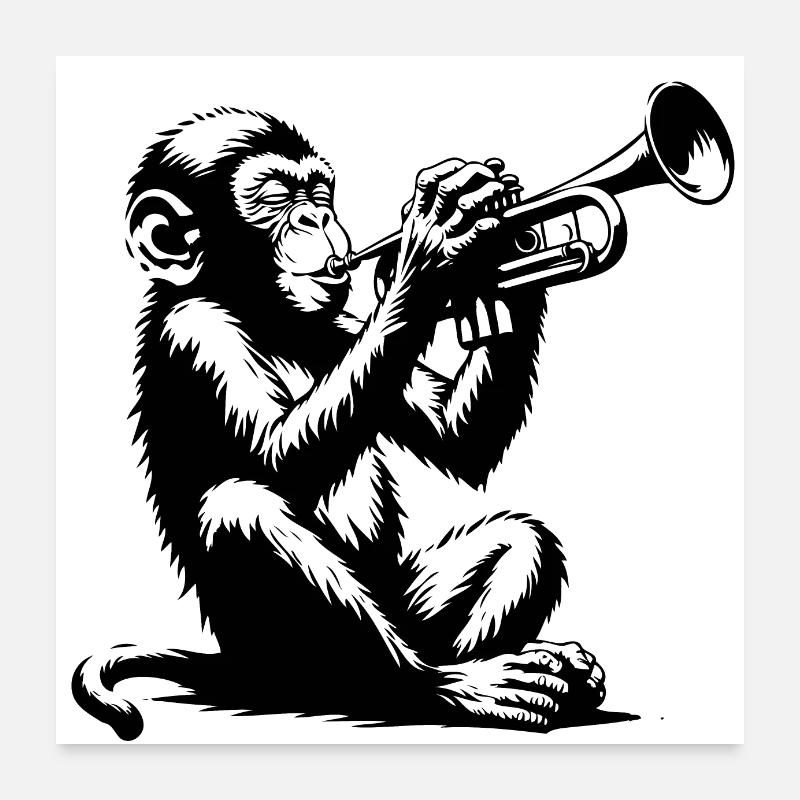 Monkey Emotionally Playing Trumpet Poster 24" x 24" (60x60 cm)