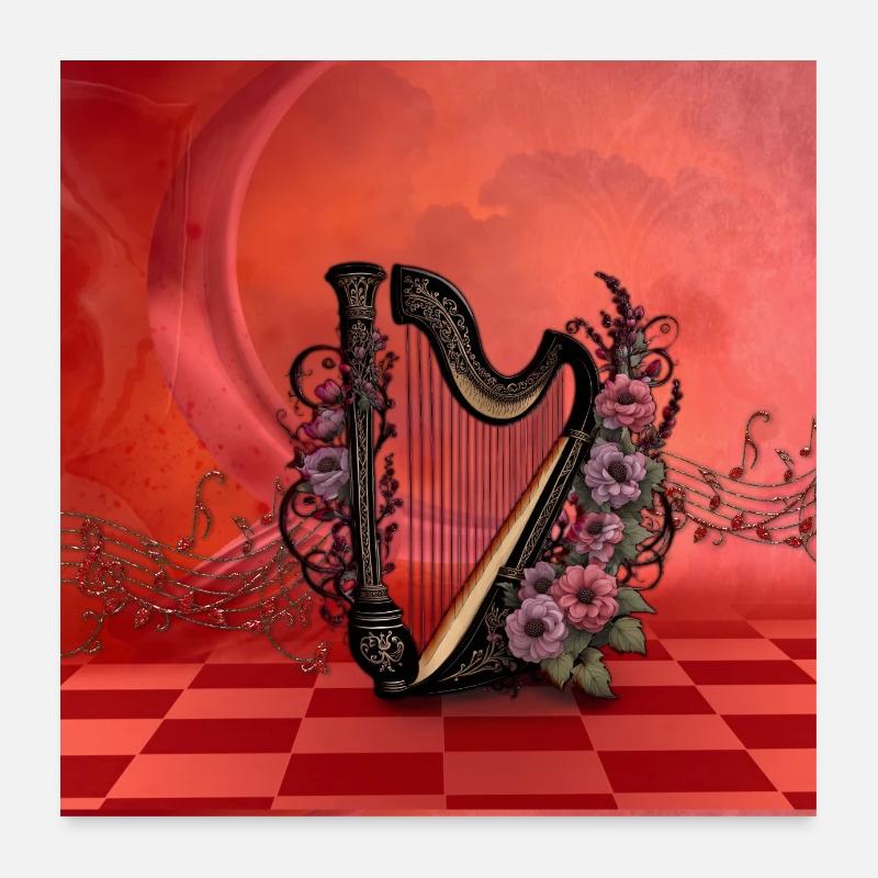 Wunderschöne Harfe mit bunten Blumen. Poster 60x60 cm